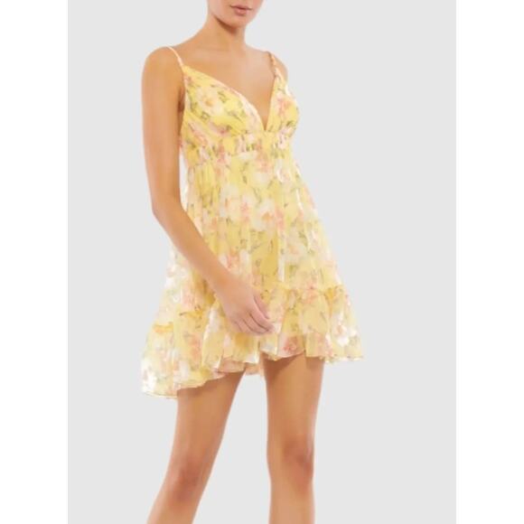 Ieena for Mac Duggal Yellow Floral Empire Waist Ruffled Mini Dress Size 6 NWT Ieena for Mac Duggal Yellow Floral Empire Waist Ruffled Mini Dress Size 6 NWT